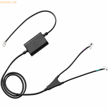 Black adapter cable with a rectangular connector and two split ends, featuring clear plastic connectors, designed for Avaya headsets and compatible with various devices.