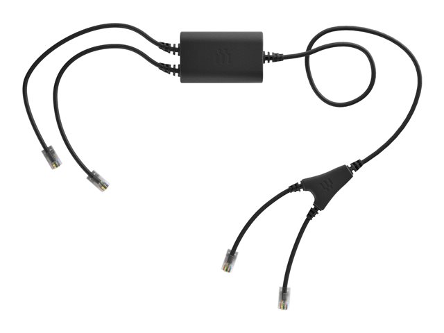 Black audio splitter with a rectangular central hub and three cables extending from it, featuring clear connectors on the ends for easy audio device connection.