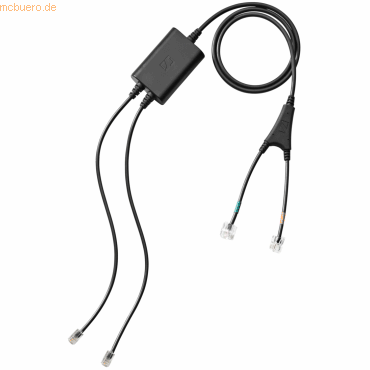 Black adapter cable with a rectangular control box and two connectors, designed for electronic hook switch compatibility with Cisco headsets.