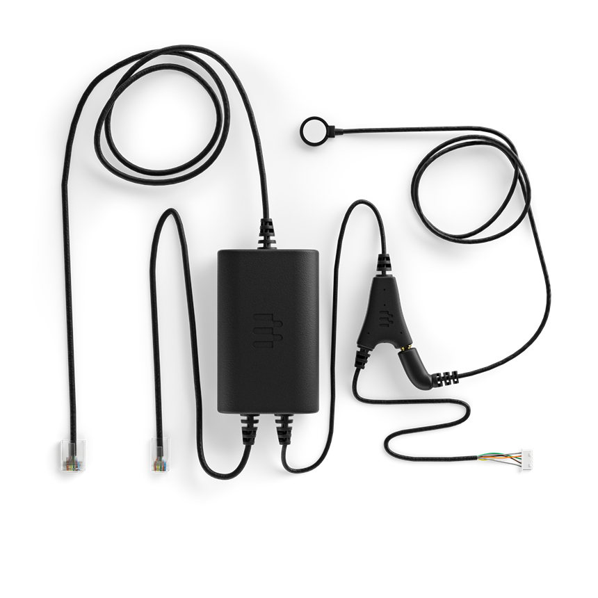 Black Epos Cehs-nec 02 adapter with two cables, one featuring a connector and the other a loop, designed for audio devices, showcasing a sleek, minimalist design.