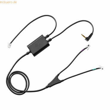 Black audio adapter with multiple cables, featuring a rectangular control box, a 3.5mm jack, and two RJ-45 connectors, designed for Epos headsets.