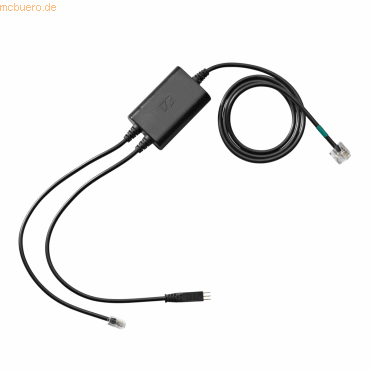 Black adapter cable with a rectangular body, featuring two connectors: one for electronic hook switch and one for a phone line, with a flexible black cord.