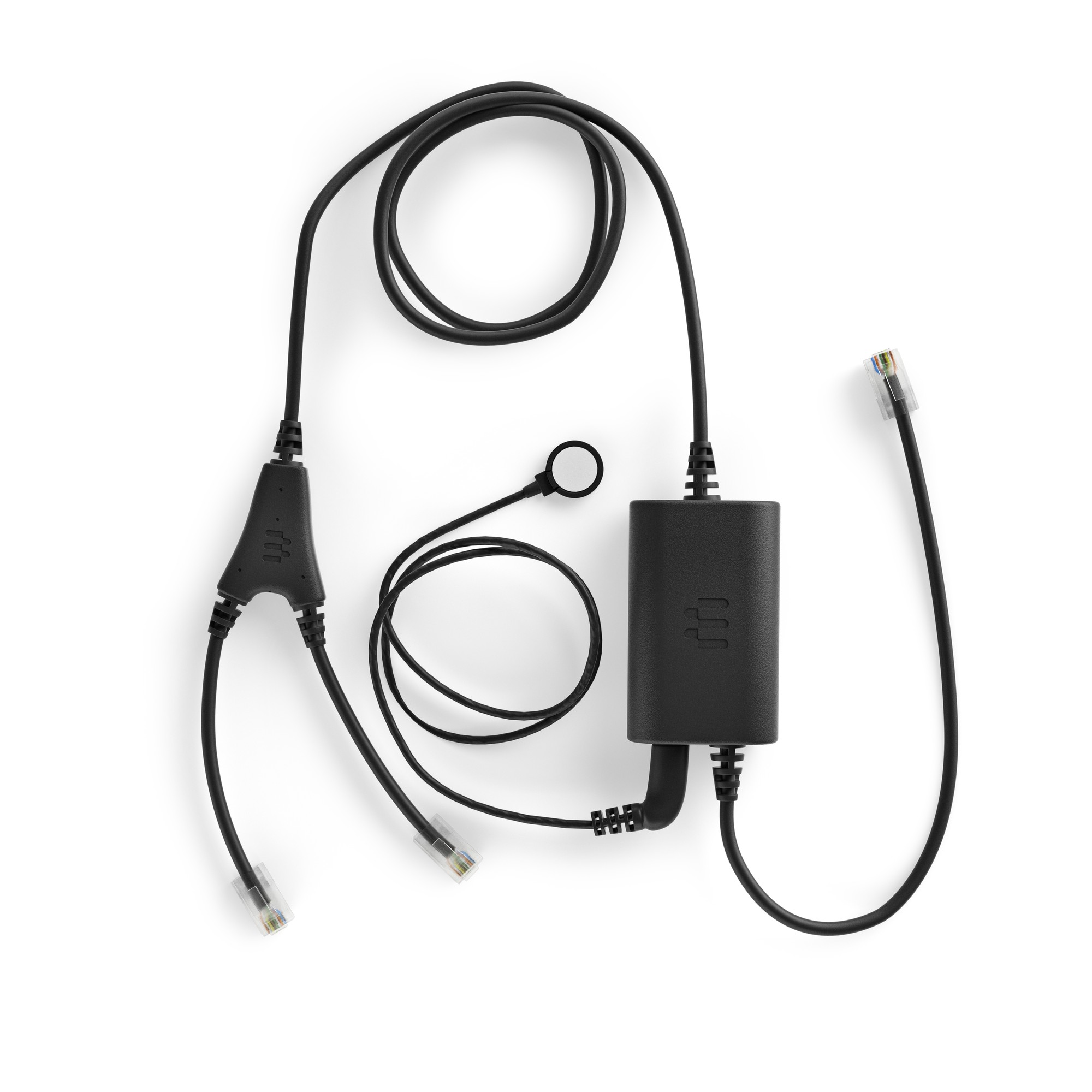 Black Epos Cehs-sh 01 headset adapter with two cables, one with an inline microphone, and two RJ45 connectors for connectivity.