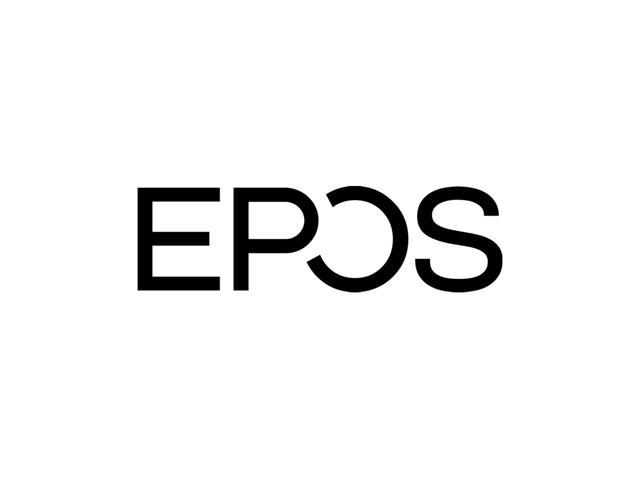 Black and white "EPOS" logo featuring bold, modern typography with a circular design element in the letter "O".