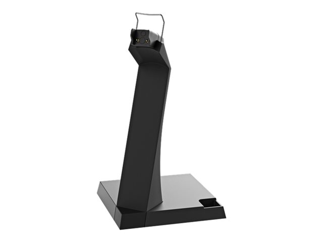Sleek black charging stand with a modern design, featuring a sturdy base and a curved neck, designed to hold and charge EPOS headsets.
