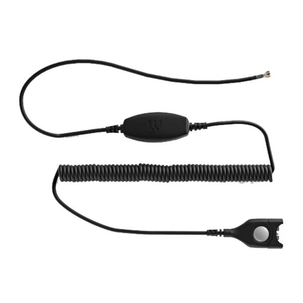 Black coiled cable with a straight connector at one end and a circular button, featuring a small control box along the length for audio communication.