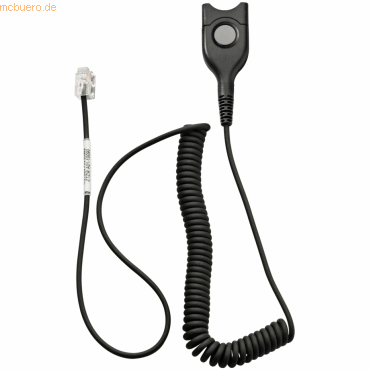 Black coiled cable with a RJ11 connector on one end and a button on the other, designed for wired headsets, featuring durable material for reliable connectivity.