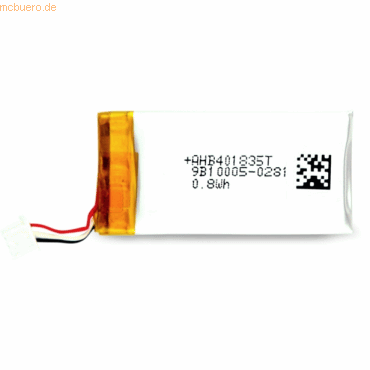 Epos Dw Batt 03 battery with a rectangular shape, transparent yellow casing on one end, white label with QR code, and red and black wires attached.