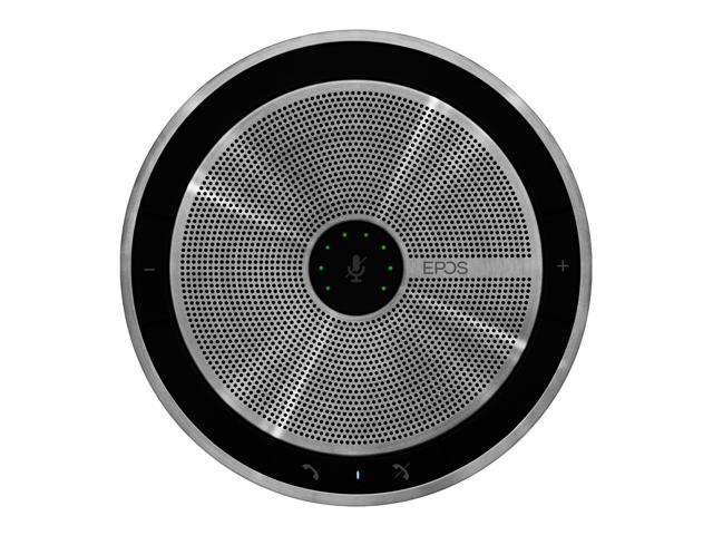 Round, sleek black and silver speakerphone with a metallic finish, featuring a central microphone icon, volume controls, and LED indicator lights.