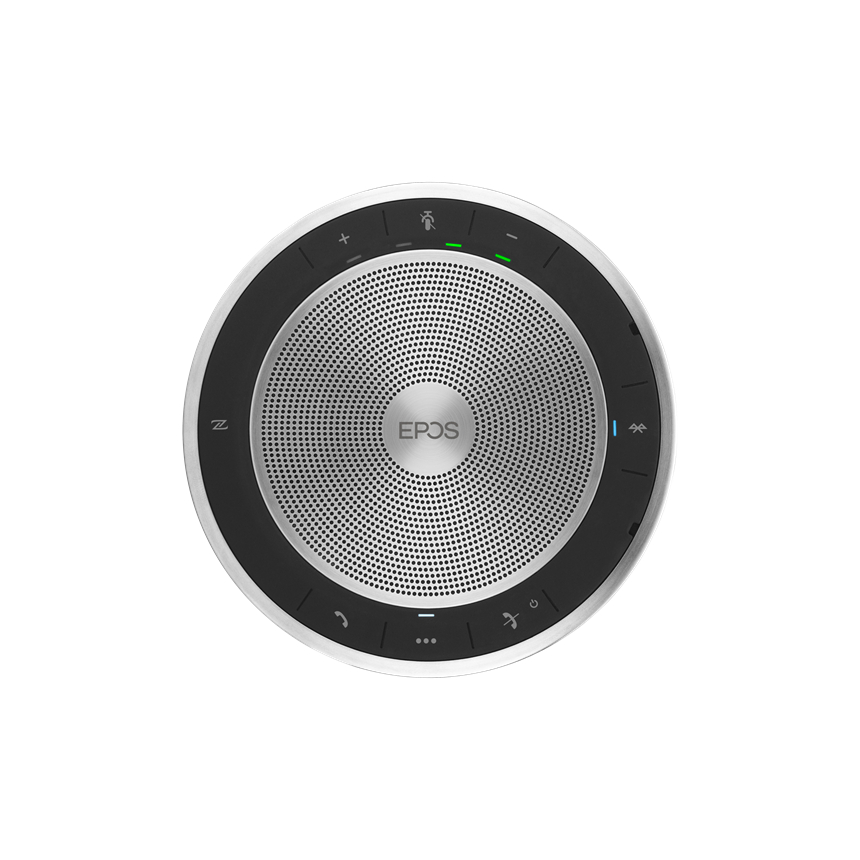 Round, silver and black speaker with a central EPOS logo, featuring touch controls, LED indicators, and a mesh grille for sound output.