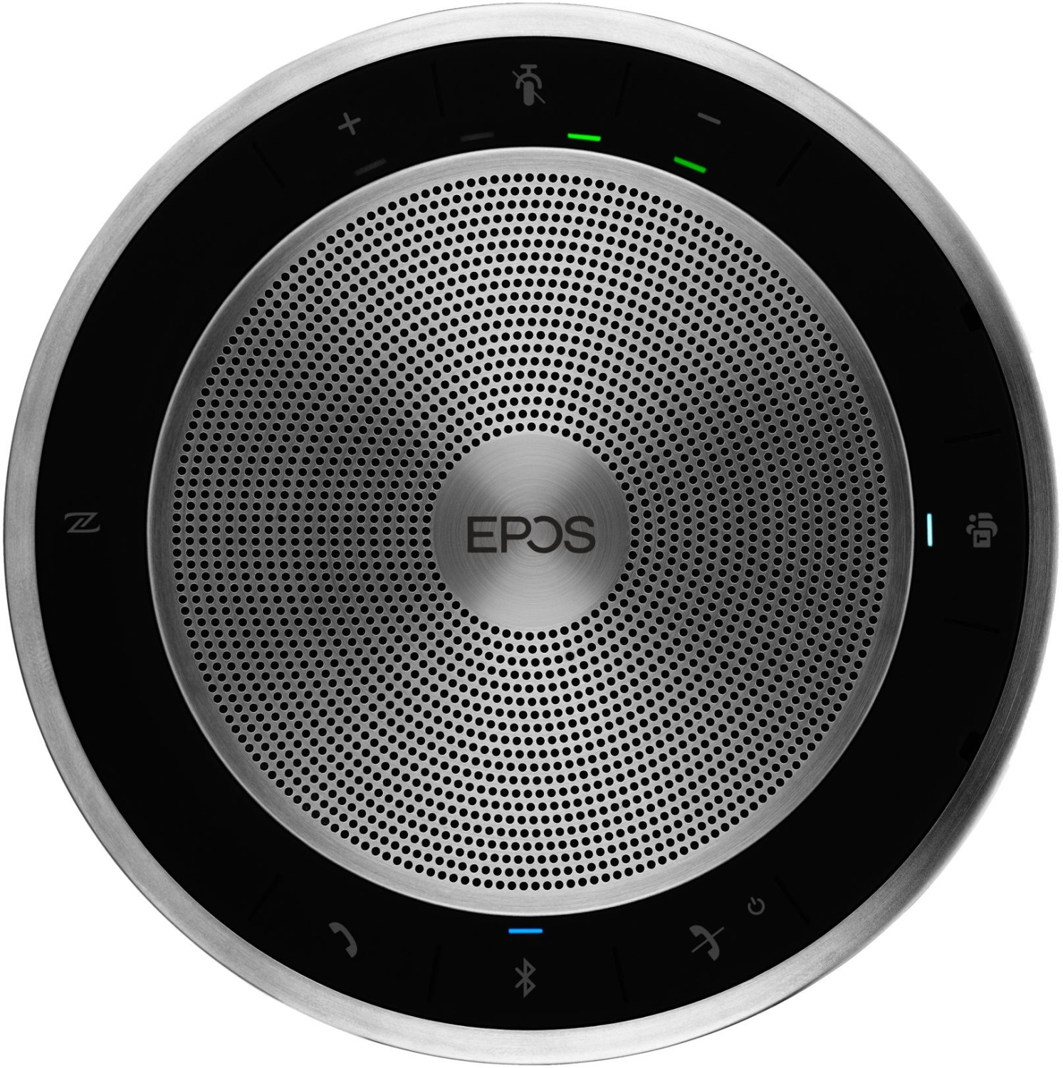 Round, silver and black EPOS Expand SP 30T Bluetooth speakerphone featuring a mesh speaker grille, LED indicators, and control buttons for calls and Bluetooth connectivity.