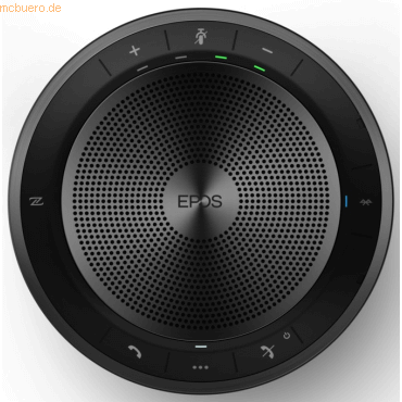 Black circular Bluetooth speakerphone with a textured mesh grille, featuring control buttons for volume, mute, and call functions, and an LED indicator light.
