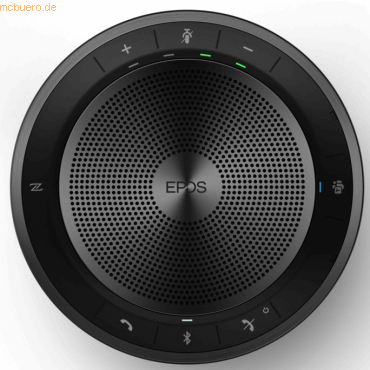 Black circular Epos Expand 40T Smart Speakerphone with a textured speaker grille, control buttons for volume and call functions, and Bluetooth and USB-C connectivity indicators.