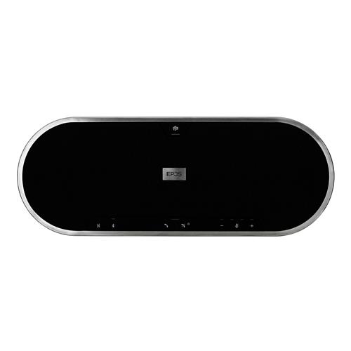 Black oval Bluetooth speakerphone with a sleek silver trim, featuring a central Epos logo and multiple control buttons for easy operation, designed for Microsoft Teams.