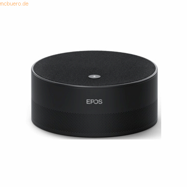 Black circular speaker with a textured top, featuring a central button and a perforated base, designed for high-quality audio capture and conference calls.