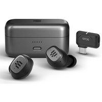 Black EPOS GTW 270 Hybrid earbuds with silver accents, compact charging case, and USB-C dongle.