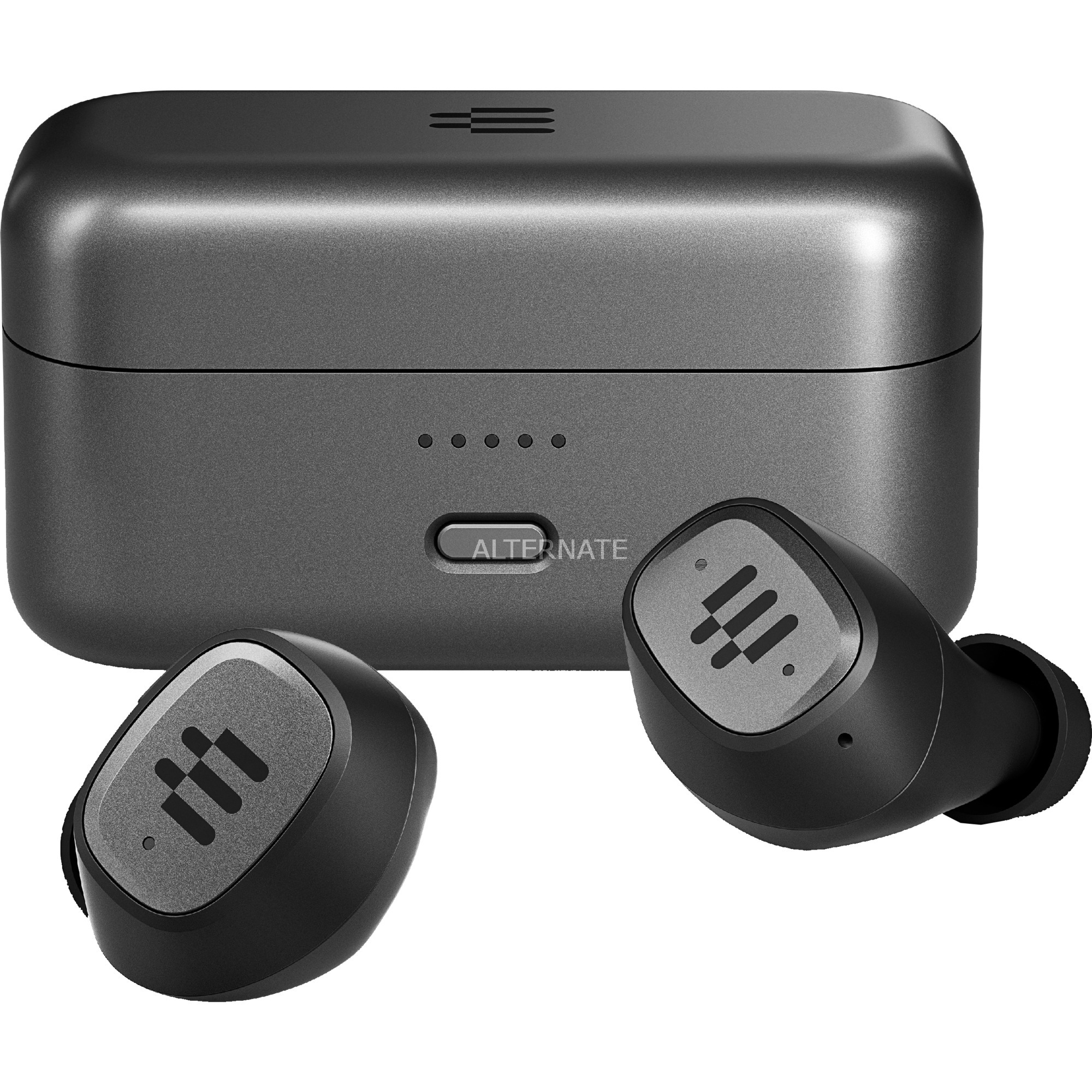 Black wireless earbuds with a sleek design, housed in a compact gray charging case featuring LED indicators and a single button on the front.