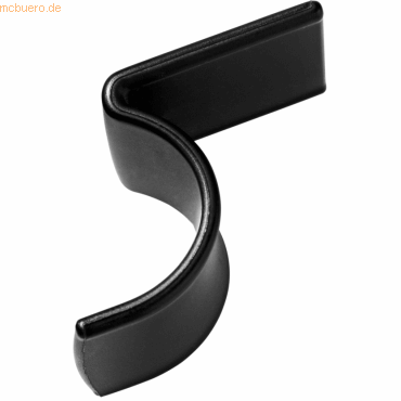 Black plastic hook with a sleek, modern design, featuring a curved shape and a flat top for secure mounting or hanging purposes.