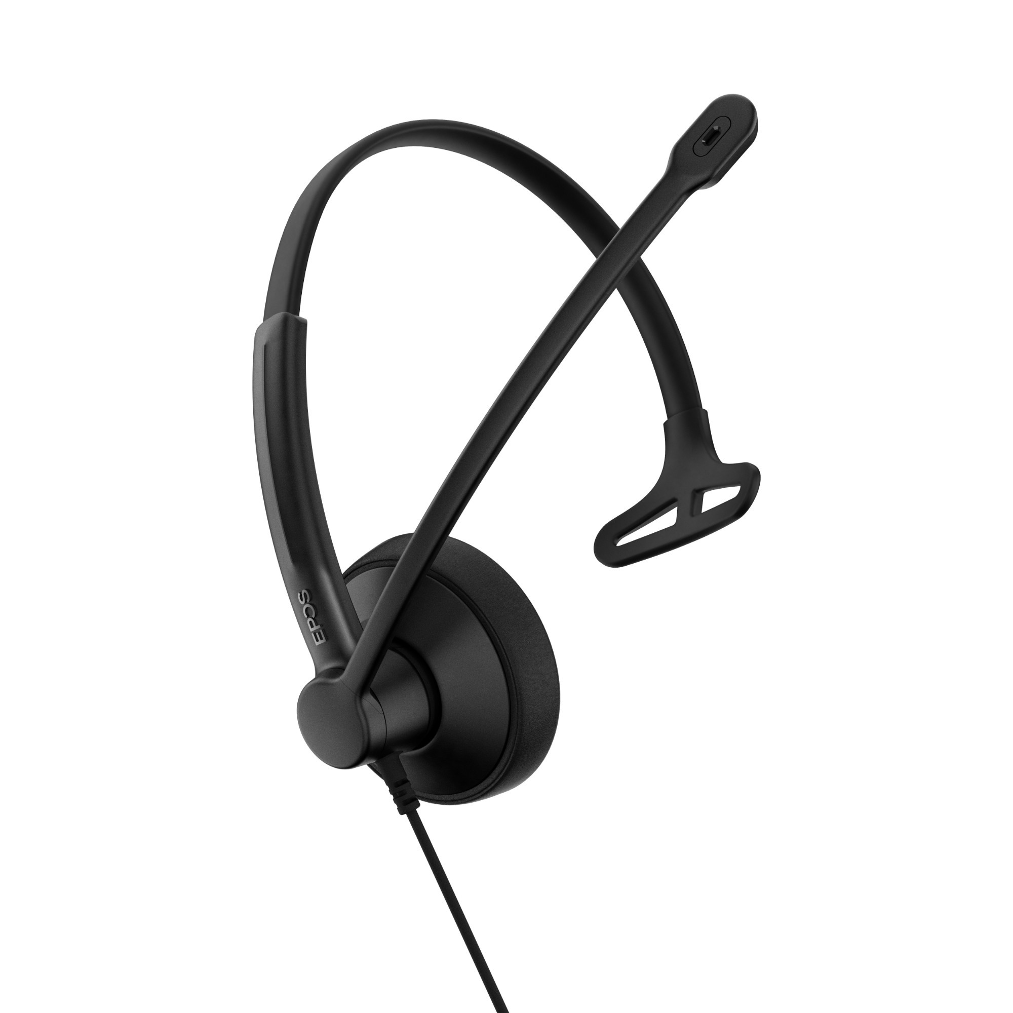 Black mono headset with a flexible microphone, featuring a lightweight design, silicone support, and USB-C connectivity, certified for Microsoft Teams with noise reduction capabilities.