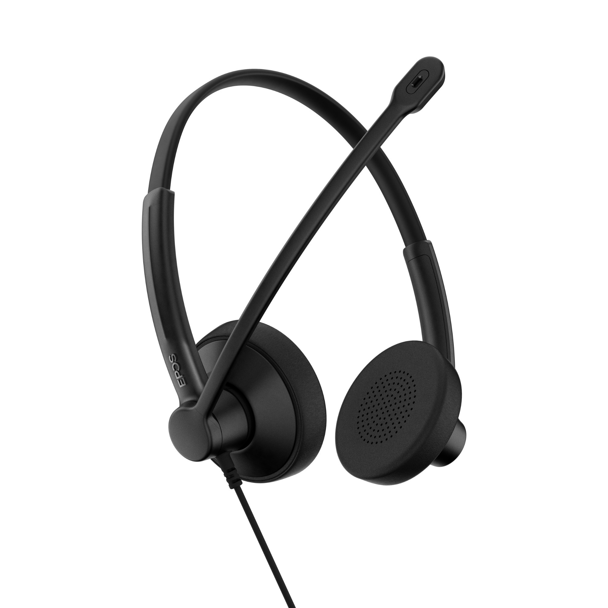 Black stereo USB headset with a lightweight design, featuring two circular ear cups, a flexible microphone boom, and a matte finish for a professional look.