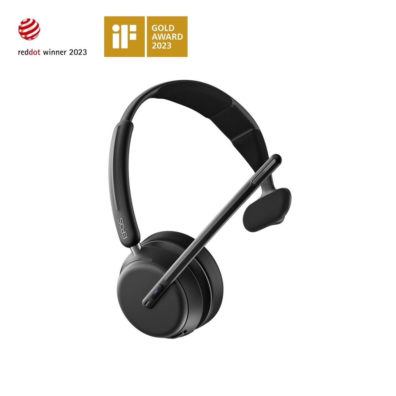 Black mono Bluetooth headset with a sleek design, featuring an adjustable headband, a flexible microphone arm, and a minimalist aesthetic, awarded the Red Dot and iF Gold awards.