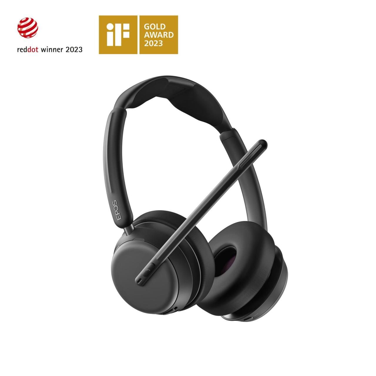 Black EPOS IMPACT 1060 ANC Stereo Bluetooth Headset featuring a sleek design, adjustable headband, and a detachable microphone, awarded Red Dot and iF Gold awards.