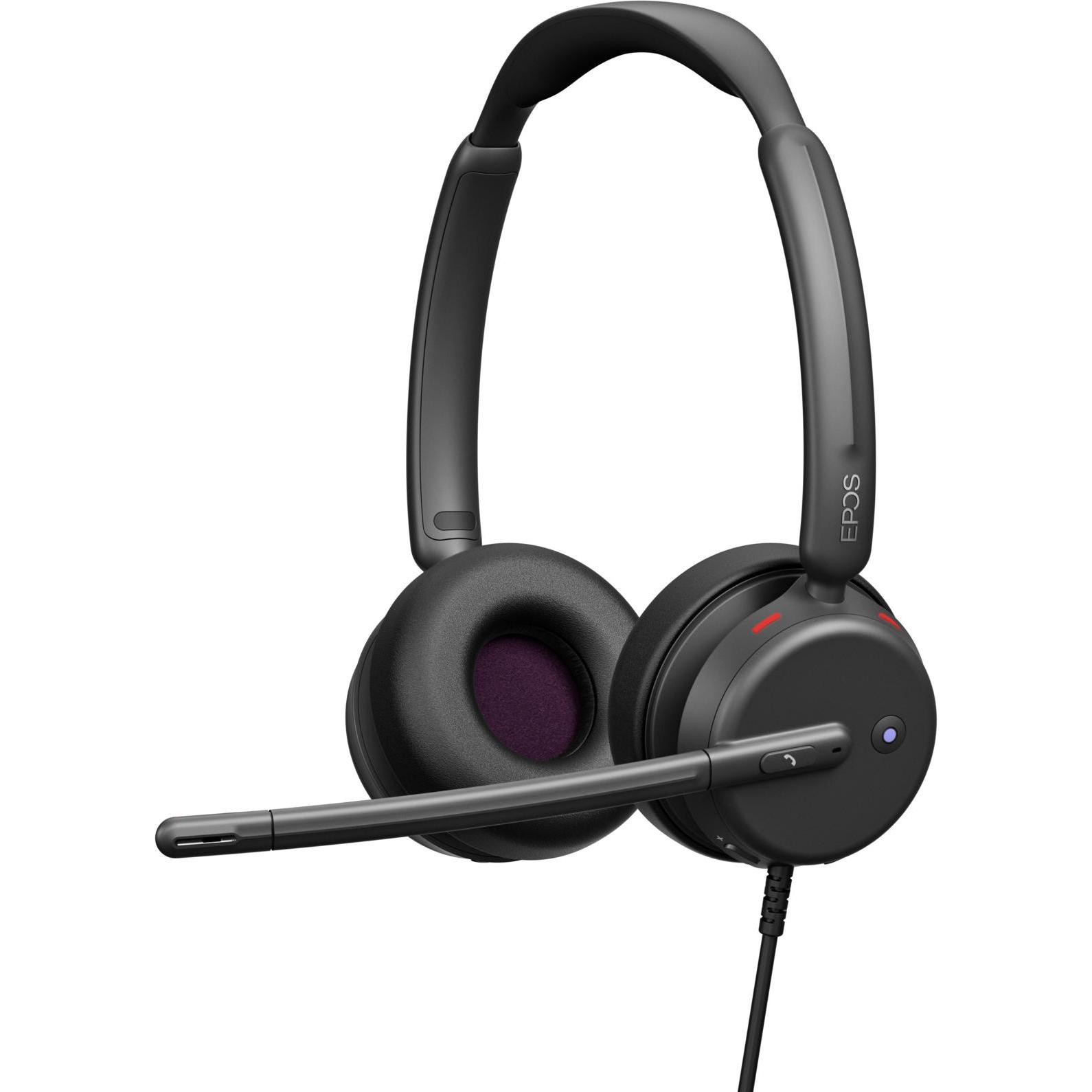 Black wired stereo headset with plush ear cushions, adjustable headband, and a flexible microphone boom, featuring ANC technology and USB-CA connectivity.