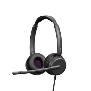 Black wired stereo headset with cushioned ear cups, adjustable headband, and a flexible microphone boom, designed for comfortable extended use.
