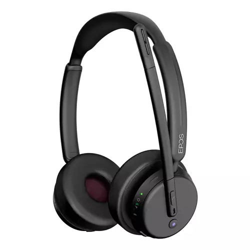 Black wireless stereo headset with cushioned ear cups, adjustable headband, and integrated controls, featuring ANC technology and a BTD900c Bluetooth dongle.