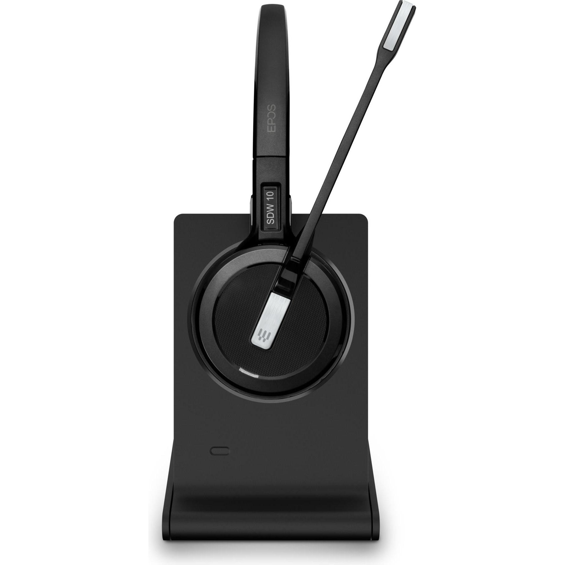 Black EPOS IMPACT 5000 Go MS USB-a Duo Headset with a sleek design, featuring a padded headband, adjustable microphone, and a charging stand for convenient storage.