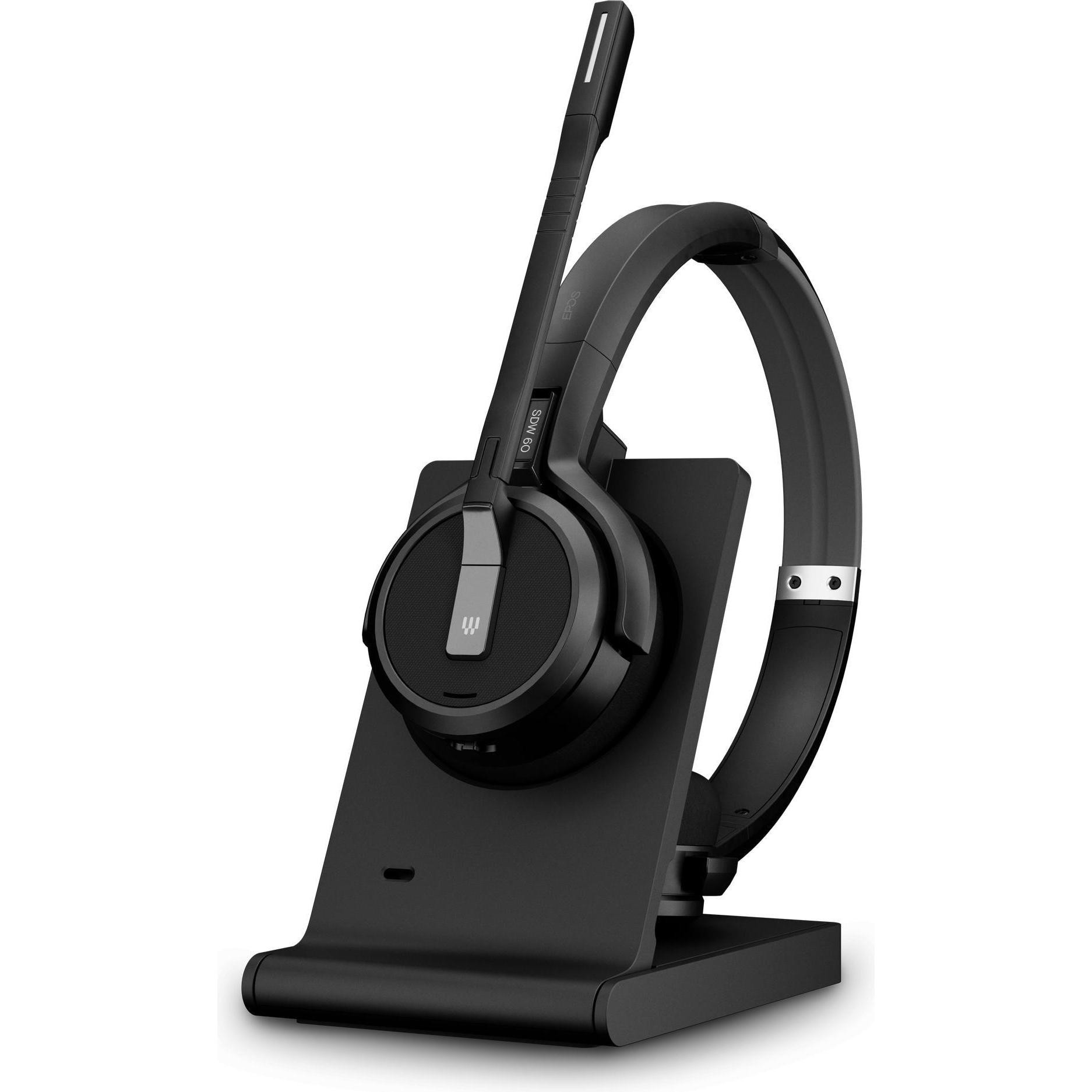 Black wireless headset with a sleek design, featuring a flexible microphone boom and a charging stand, ideal for professional use and comfort during long calls.