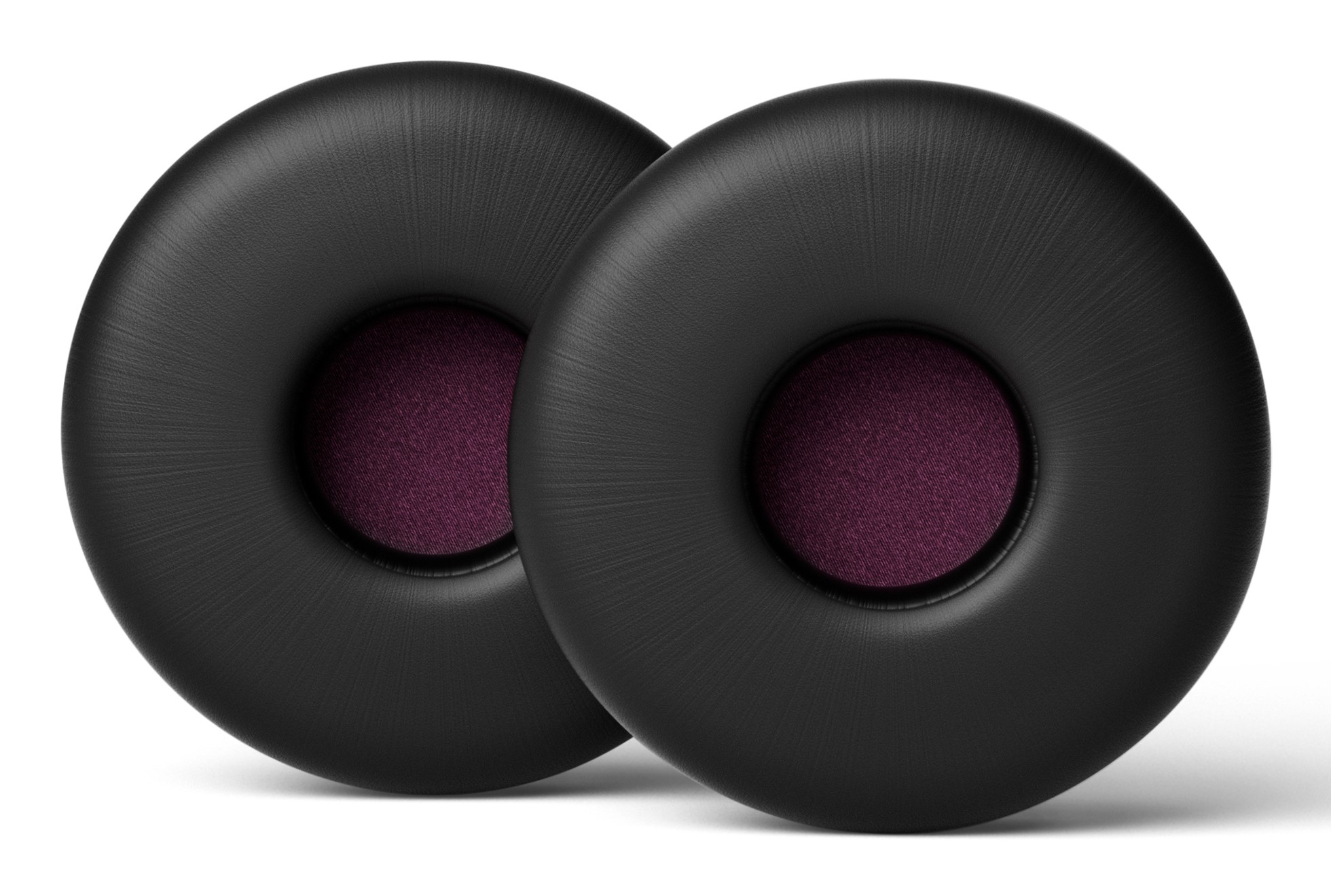 Black ear pads with a smooth texture and a central purple foam cushion, designed for the EPOS IMPACT 700 series, providing comfort and sound isolation.