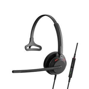 Black wired mono headset with a flexible microphone, adjustable headband, and in-line control for volume and mute, designed for clear audio communication.