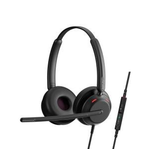 Black wired stereo headset with cushioned ear cups, adjustable headband, and a flexible microphone boom, featuring an in-line remote with volume control and mute button.