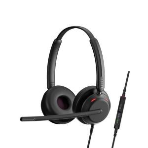 Black wired stereo headset with cushioned ear cups, adjustable headband, and a flexible boom microphone, featuring in-line volume control and a sleek, modern design.