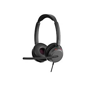 Black on-ear wired headset with active noise canceling, USB-C connection, and a flexible boom microphone, designed for Google Meet certification.