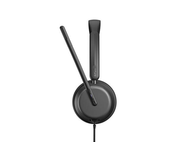 Black wired stereo headset with a sleek design, featuring an adjustable microphone arm, cushioned ear pads, and a single connection cable for enhanced audio clarity.