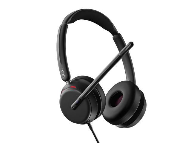 Black wired stereo headset with cushioned ear cups, adjustable headband, and a flexible microphone boom, featuring a sleek, modern design by Epos.