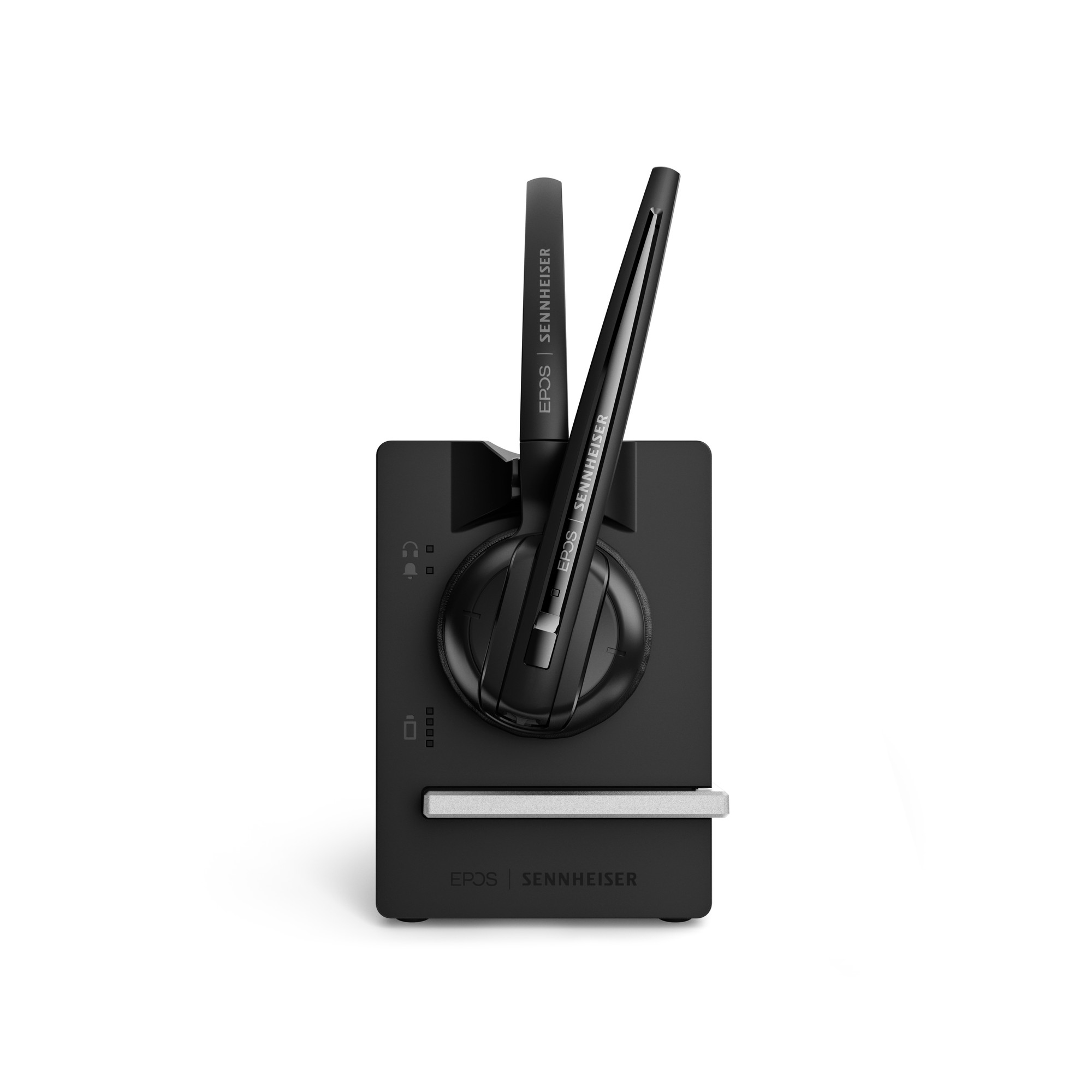 Black on-ear headset with a sleek design, featuring a padded ear cup, adjustable microphone, and a compact charging base with a silver accent.