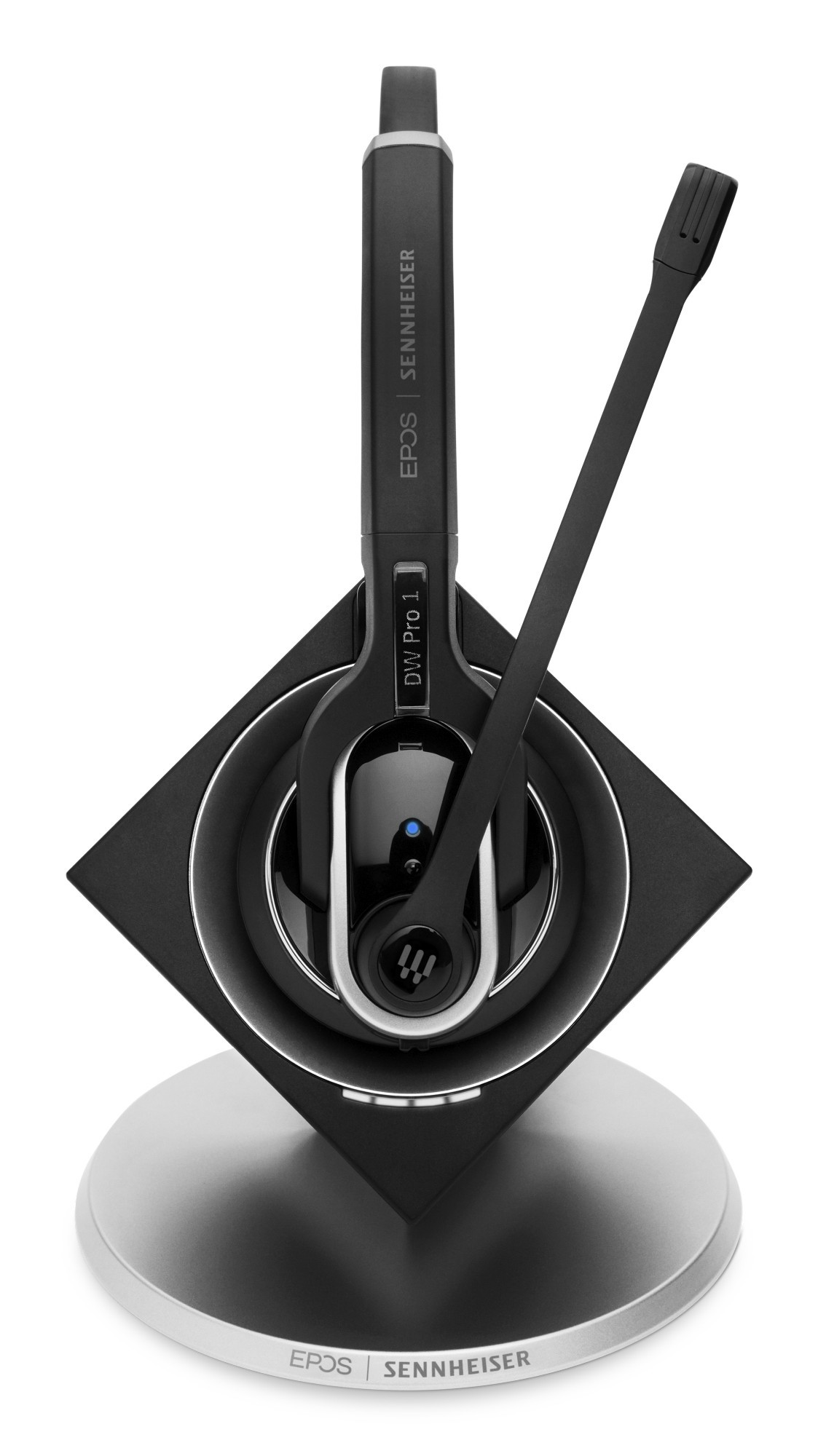 Black and silver wireless headset with a sleek design, featuring a flexible microphone boom and a charging stand with a circular base.