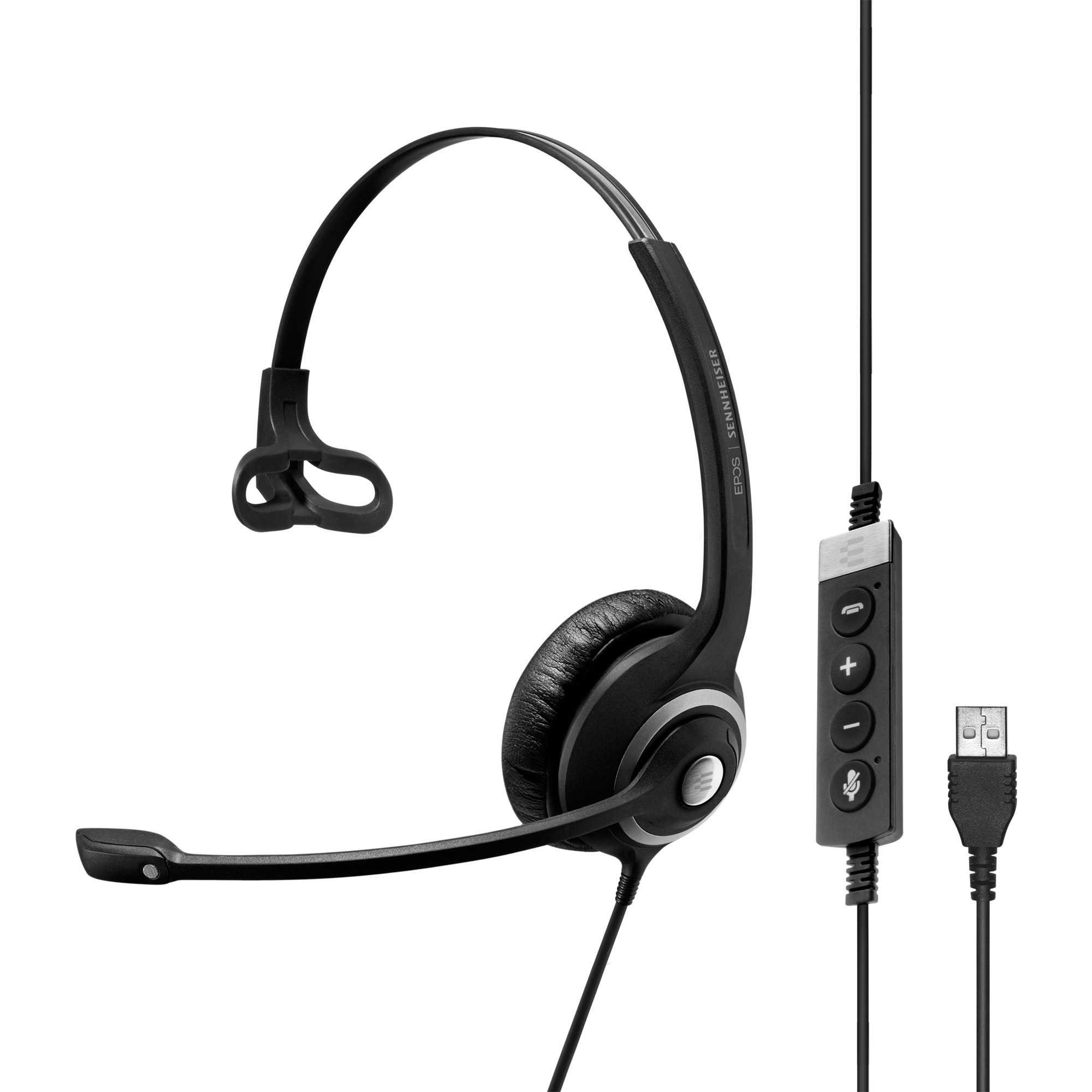 Black mono headset with a padded ear cup, adjustable headband, and a flexible microphone boom, featuring an inline control unit with volume buttons and a USB connector.