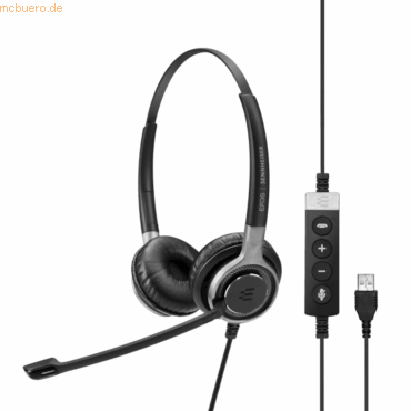 Black wired binaural headset with a sleek design, padded ear cups, adjustable headband, and an attached USB cable featuring volume control and mute buttons.