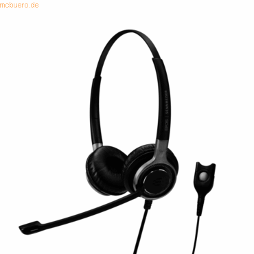 Black stereo headset with cushioned ear cups, adjustable headband, and a flexible microphone boom, featuring an in-line control for volume and mute functions.