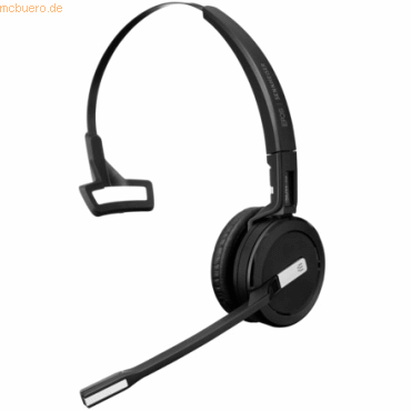 Black mono DECT headset with a sleek design, featuring a flexible microphone boom, cushioned ear pad, and adjustable headband for comfort and extended use.
