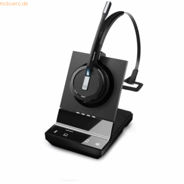 Black EPOS IMPACT SDW 5013T Mono DECT 3-in-1 headset resting on a sleek charging base, featuring a flexible microphone boom and intuitive control buttons on the base.