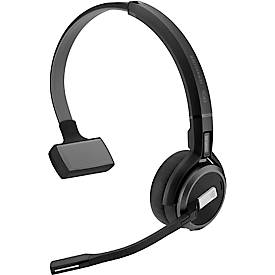 Black mono DECT headset with a sleek design, featuring a flexible microphone boom, cushioned ear pad, and adjustable headband for comfort during use.