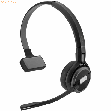 Black mono DECT headset with a sleek design, featuring a padded ear cup, adjustable headband, and a flexible microphone boom for clear communication.