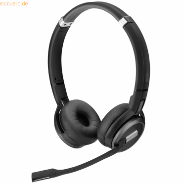 Black stereo DECT headset with plush ear cushions, adjustable headband, and a flexible microphone boom, designed for comfort and clear audio during calls.