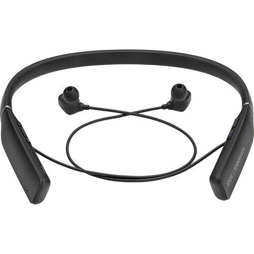 Black neckband-style wireless earbuds with in-ear tips, featuring integrated controls on the sides and a sleek, minimalist design.