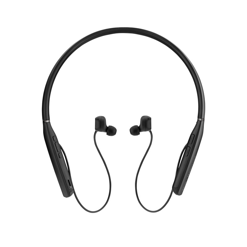 Black wireless neckband headphones with in-ear buds, featuring control buttons on the neckband for easy access and a sleek, minimalist design.